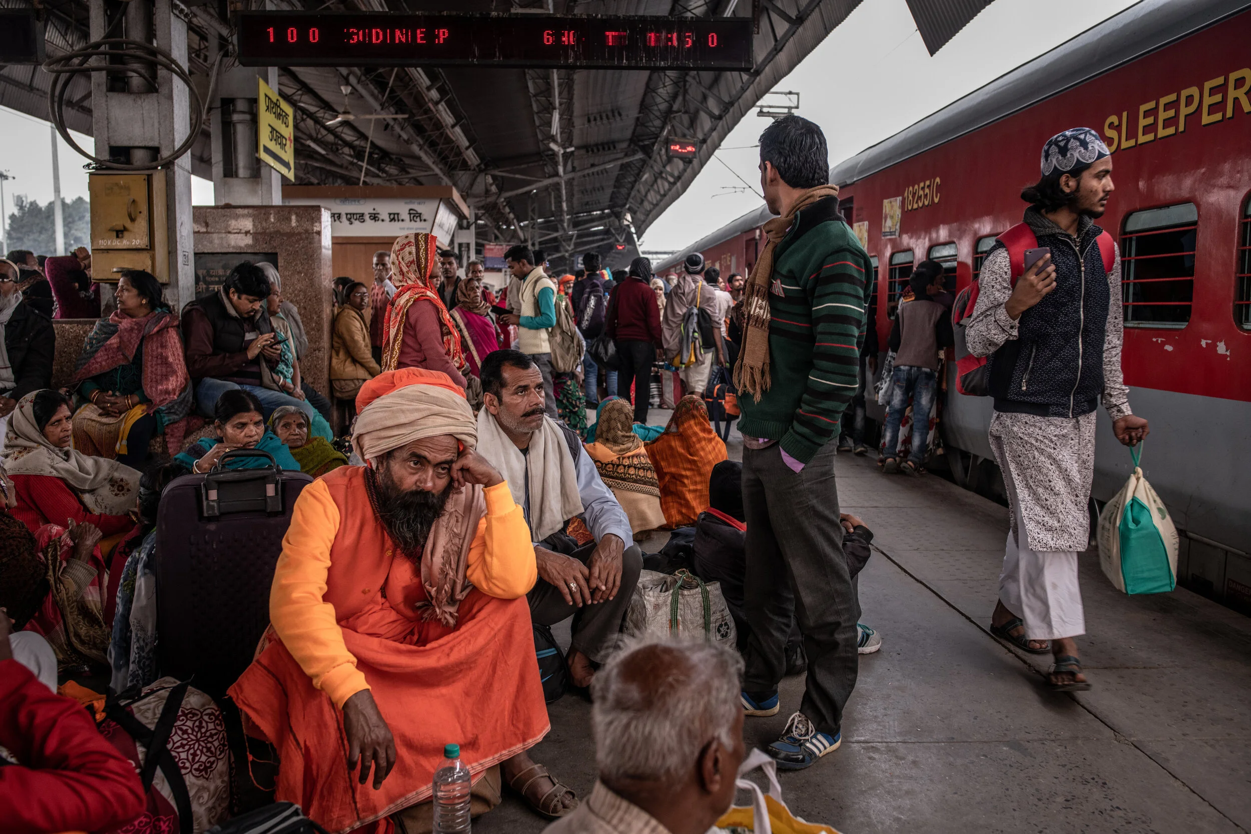  2/7/2019 Prayagraj, Uttar Pradesh, India  Pilgrims waited to cram into train carriages at the Prayagraj Junction station, following their attendance of the Ardh Kumbh Mela, in Praygraj, India. 