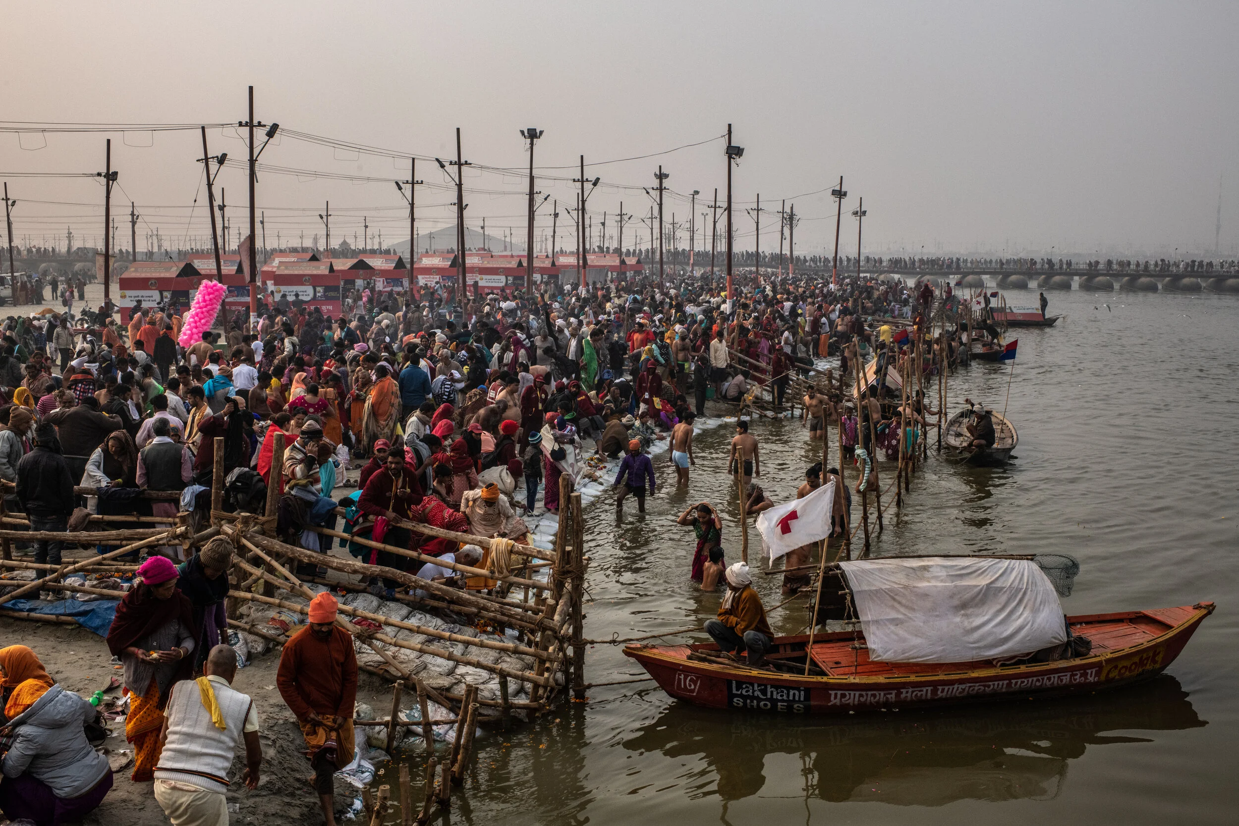  2/3/2019 Prayagraj, Uttar Pradesh, India  The eastern banks of the Ganges at Triveni were packed with pilgrims preparing to take their baths during the Ardh Kumbh Mela in Prayagraj, India. 