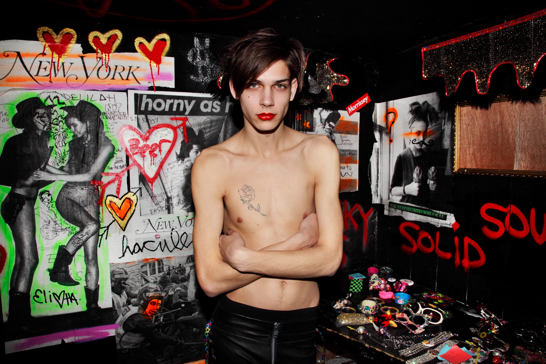 Male model in red lipstick