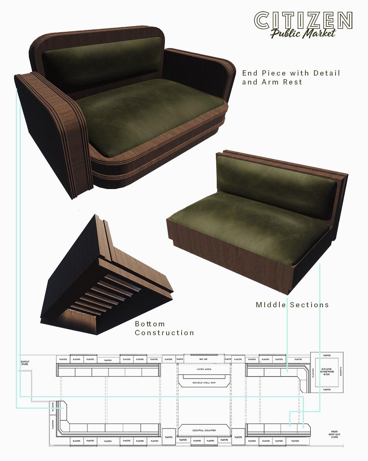 Design plan and components for a vintage-style green velvet sofa with wooden frame, including end piece with detail and arm rest, middle sections, and bottom construction.
