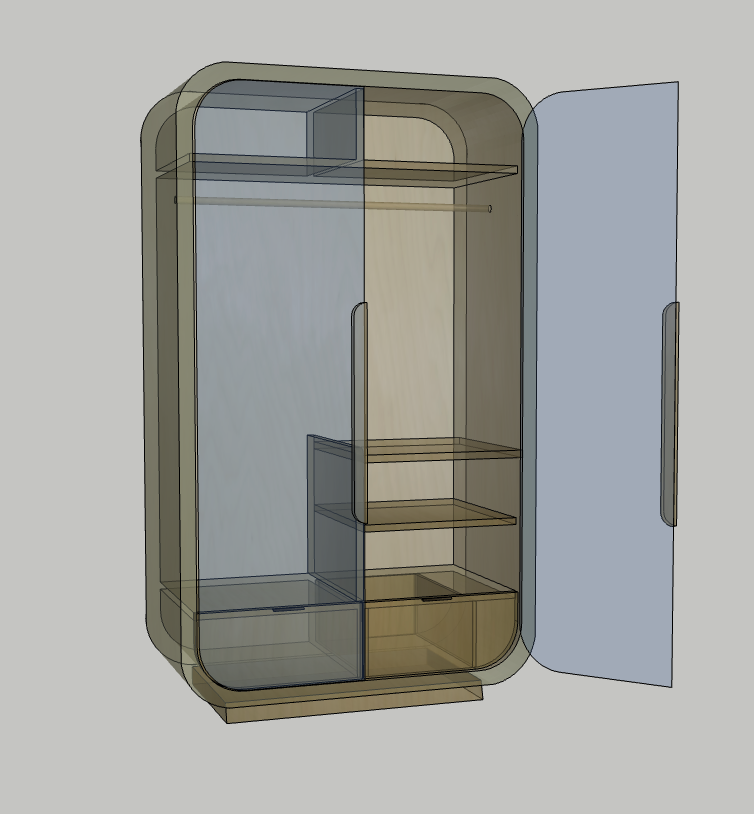 3D rendering of a colorful wardrobe with multiple shelves and compartments, including a hanging rod, drawers, and a top shelf, with an open door.