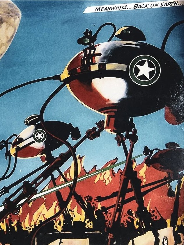 A retro-style cartoon illustration of a spaceship with mechanical legs, flying over a fiery landscape with flames. A small creature wearing a helmet is standing on top of the spaceship painting mural coffeeshop hospitality design.