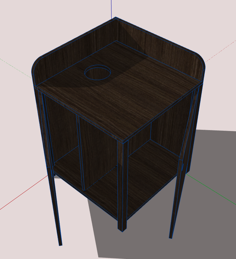 A 3D model of a wooden cabinet with a circular hole on the top surface, open storage space underneath, and four slender legs furniture design sketchup hospitality custom furniture design.