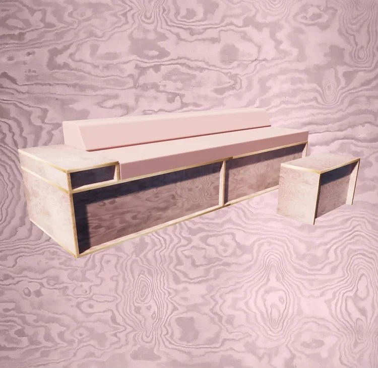 A pink bench with built-in side tables, placed on a pink patterned background plywood furniture design sketchup rendering render 3D renderings.