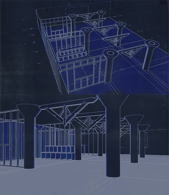 Blueprint drawing of a building's interior framework showing structural columns, beams, and floor plans.