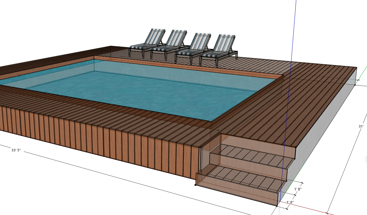 A computer rendering of a swimming pool surrounded by a wooden deck with four lounge chairs on one side pool deck timber tech design residential design carpentry modern patio.