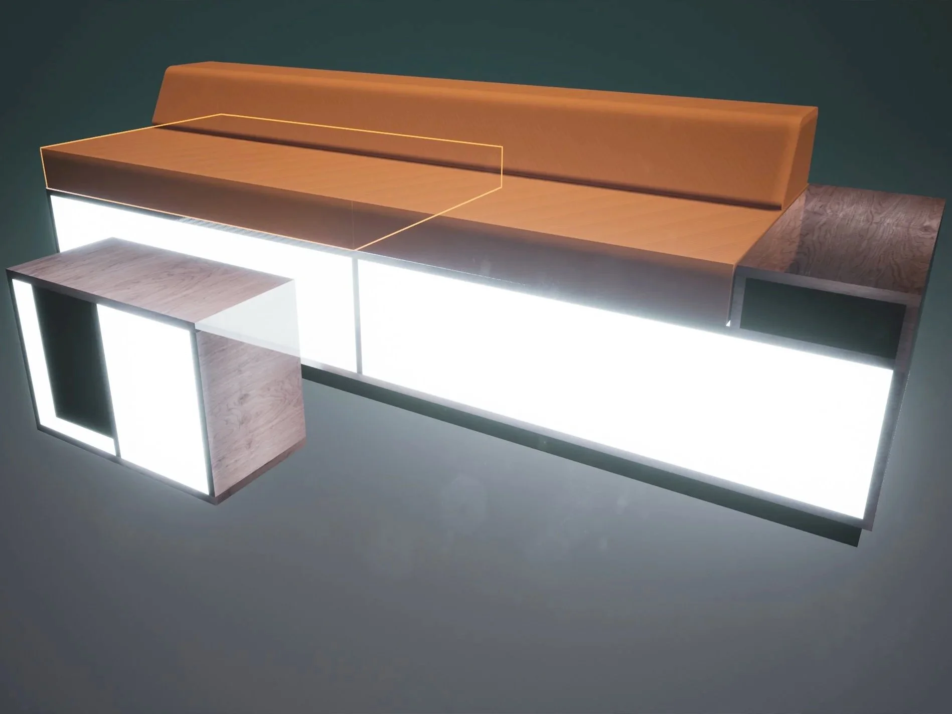 Modern wooden and illuminated furniture, including a long bench with backrest and two illuminated cube-shaped side tables.