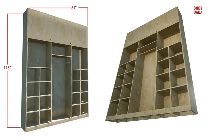 Two wooden closet designs are shown, one straight and one angled, with measurements of 81 inches wide and 118 inches tall. The closet features multiple shelves, compartments, and a hanging rod.