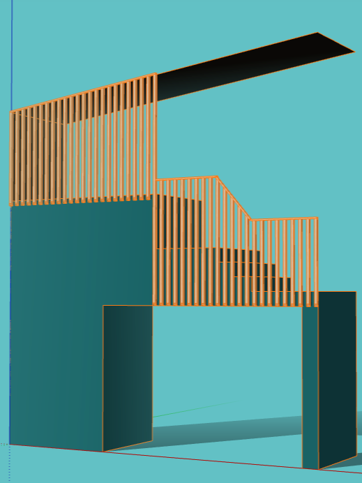 Digital rendering of a modern staircase with wooden slats and teal walls, featuring a minimalist and geometric design 3D rendering residential design wooden slatting stair design.