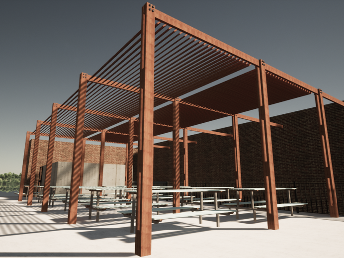 Construction site with a wooden pergola over picnic tables, brick wall in background, sunny weather wooden pergola design 3D rendering hospitality design render sketchup design.