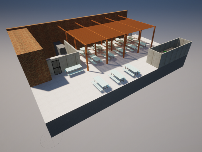 3D architectural rendering of an outdoor seating area with picnic tables, a wooden pergola, brick and concrete walls, and a shaded space.