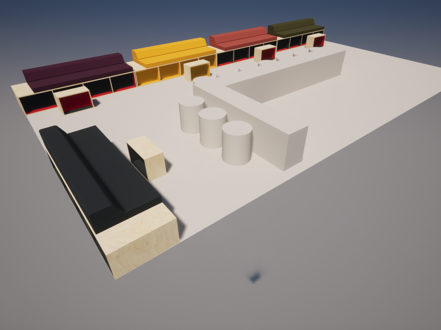 Simplified 3D model of an architectural layout with colorful shelves, black benches, and white cylindrical tables on a white floor.