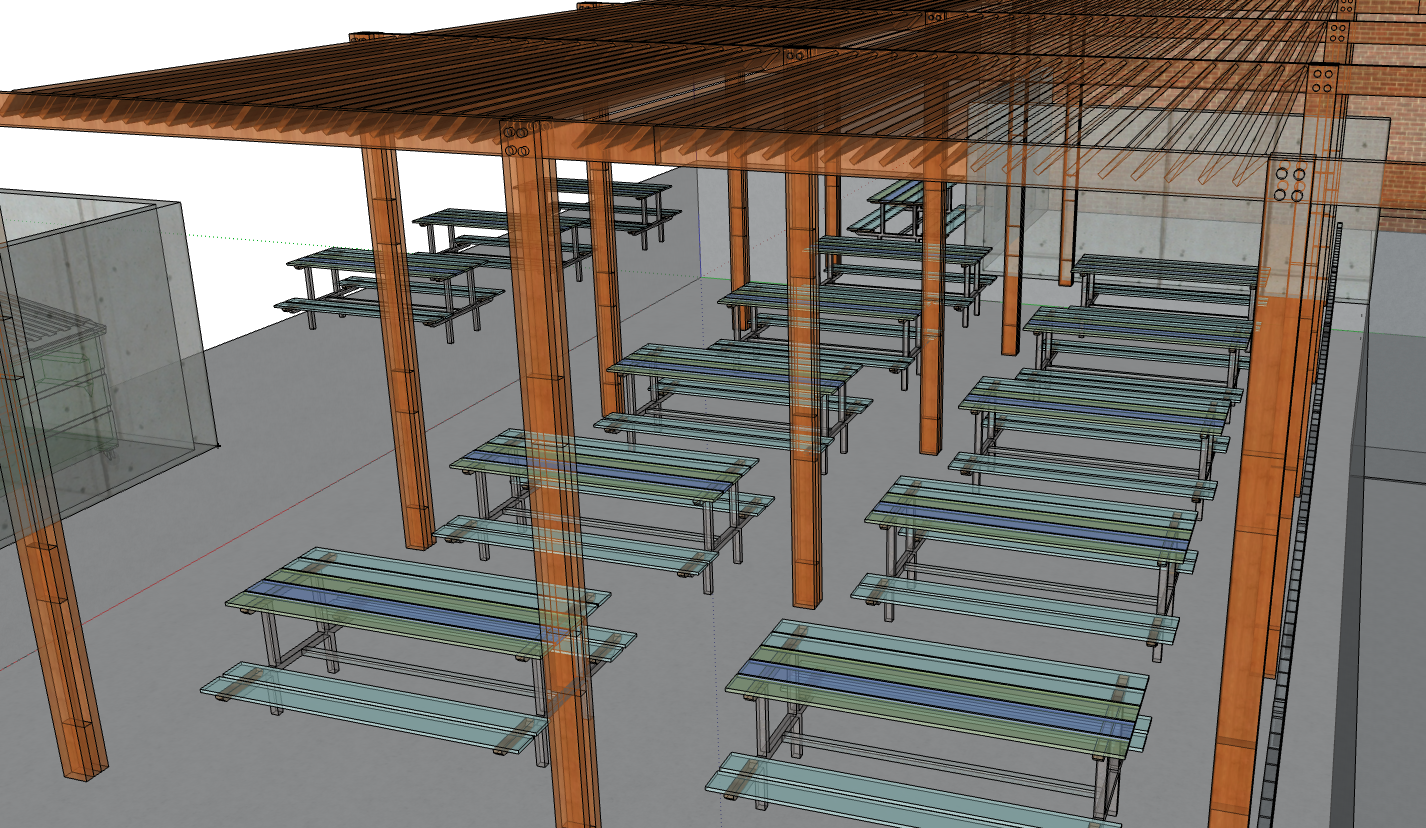 3D rendering of outdoor pavilion with wooden beams, a sloped roof, and several picnic tables arranged in rows.