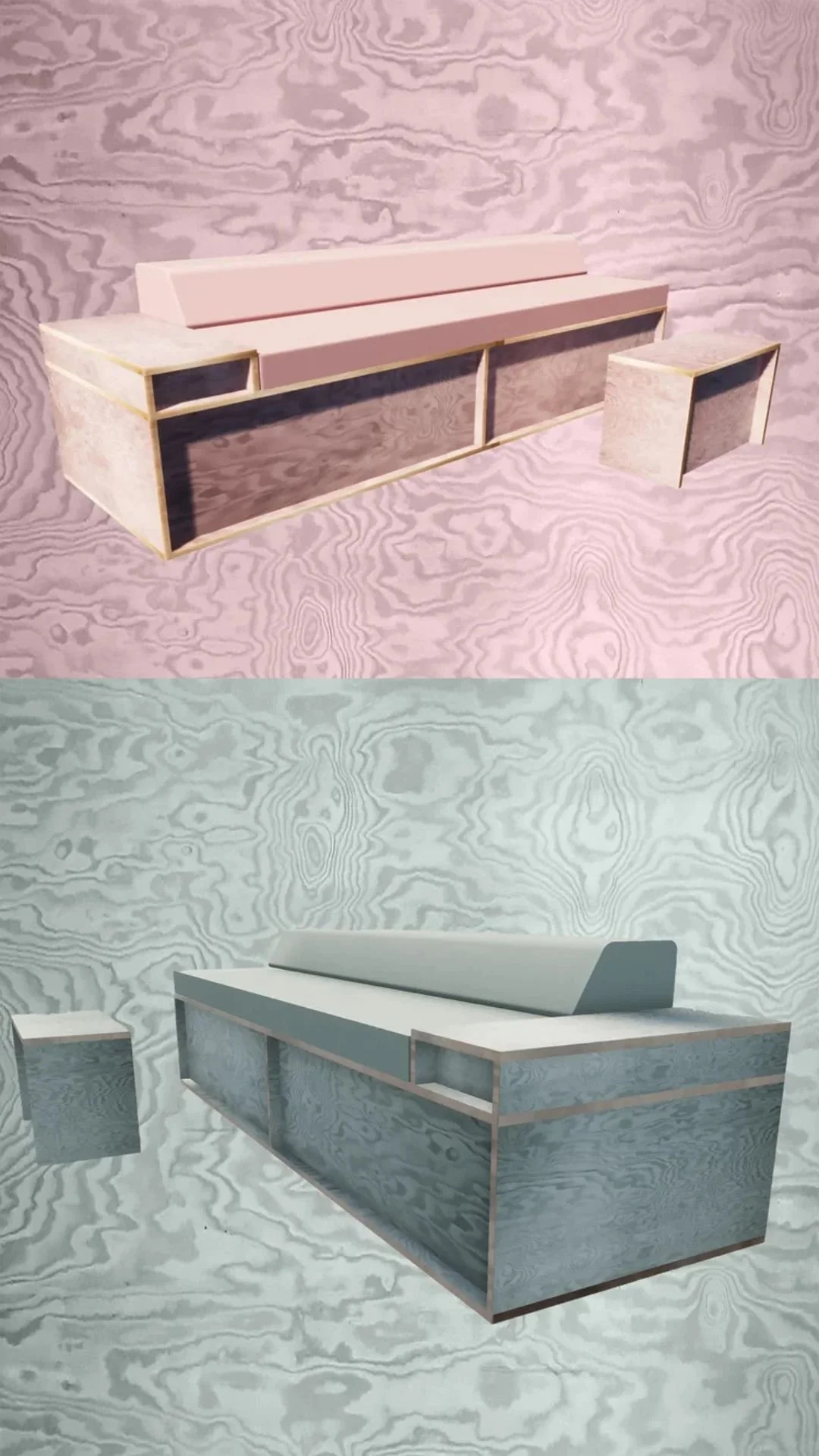 Two modern minimalist benches with slim profiles, one pink and the other gray, set against a wood grain patterned background.