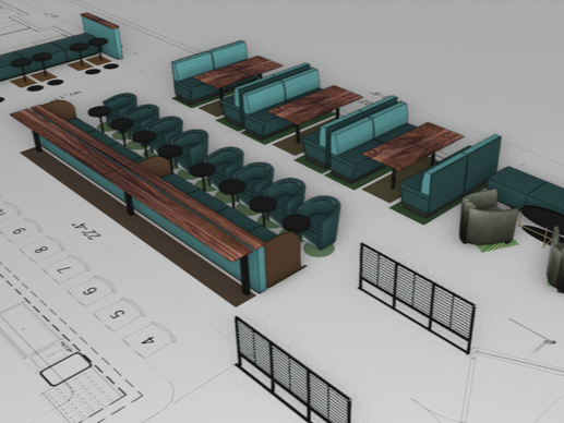 Interior of a modern office or coworking space with various seating options including bar stools, armchairs, and booths.