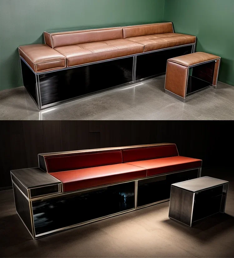 Two modern sofas with matching side tables. The first sofa has a brown leather cushion with a matching stool against a green wall. The second sofa has a red cushion with a matching stool against a dark wall.