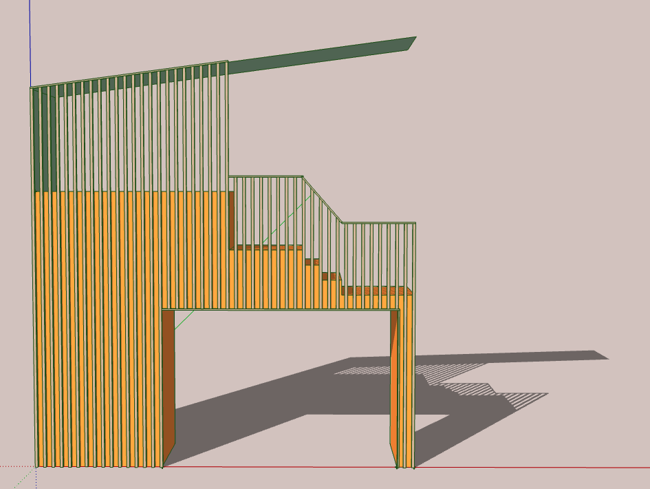 3D rendering of a staircase with green railings and orange steps, casting a shadow on the light background slatting for stair in residential design wooden slatting sketchup design.