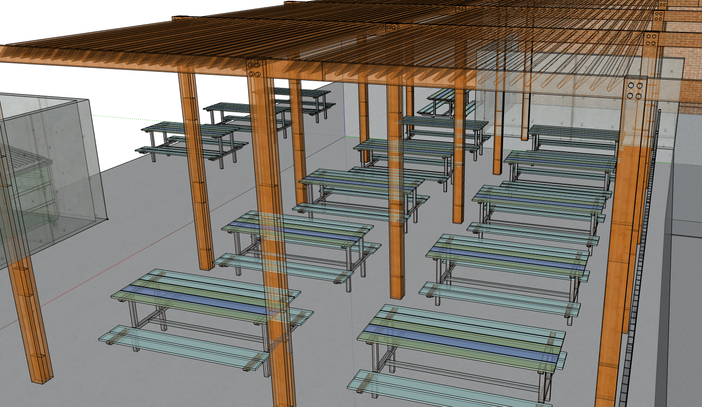 3D rendering of an outdoor pavilion with wooden structure, featuring multiple picnic tables and benches arranged under a sloped wooden roof patio design rendering sketchup hospitality design outdoor patio pergola.