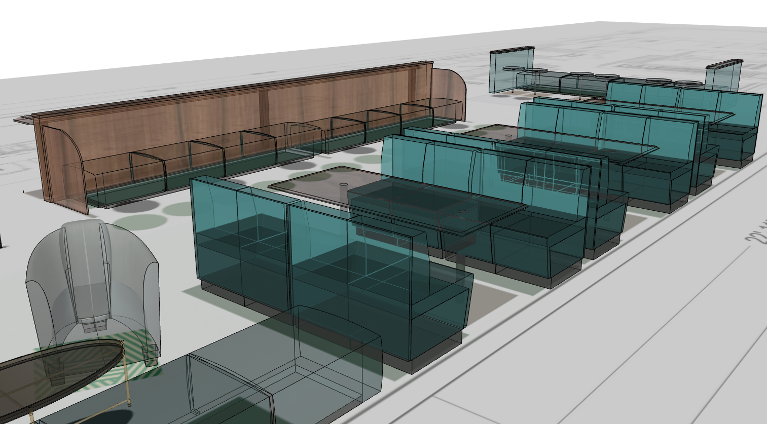 3D rendering of a modern meeting or lounge area with blue glass partitions, gray sofas, and a wooden wall with glass shelves floorpan layout design hospitality spatial design.