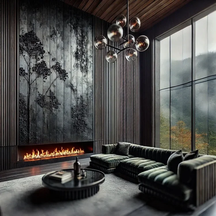 Modern living room with dark wood panel walls, a black sectional sofa, a fireplace, and a large window showing outdoor trees and fog.