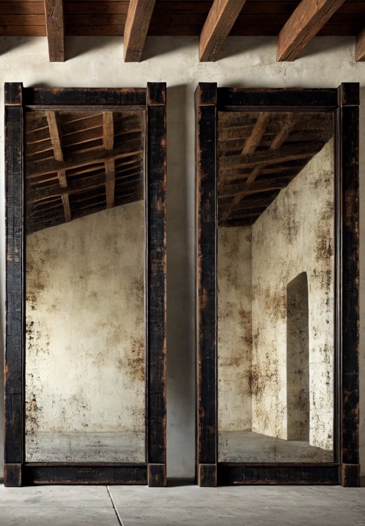 Two large rustic mirrors with dark-stained wooden frames, reflecting an exposed wooden beam ceiling and a textured beige wall with an arched doorway decor aged mirror hand patinated mirror.