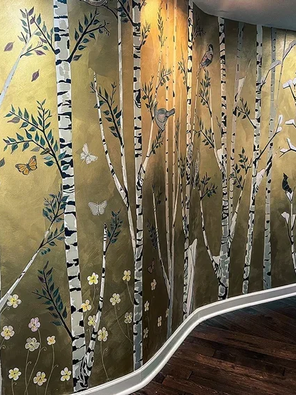Decorative wall mural of a birch forest with butterflies and flowers, featuring white birch trees with black markings on a golden background.