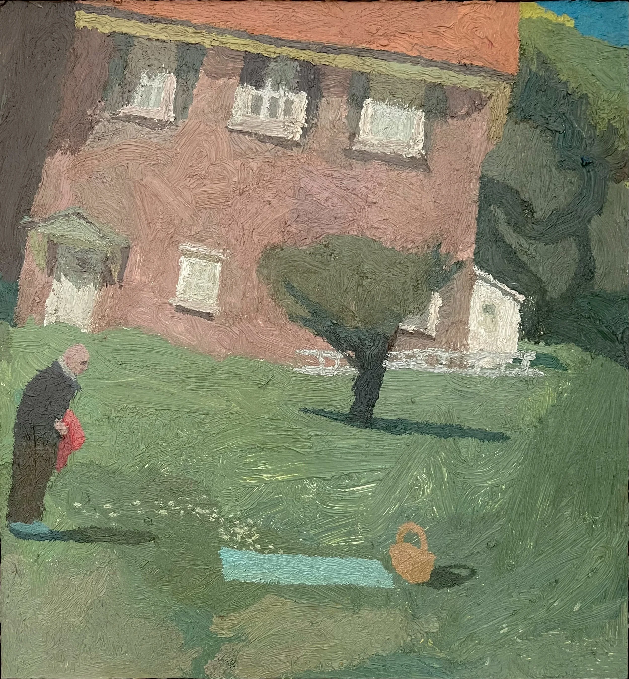 Brian Rego, Picnic, 2025. Oil on board 15 x 14 inches 38.1 x 35.56 cm © Brian Paul Rego Courtesy of the artist and Steven Francis   
