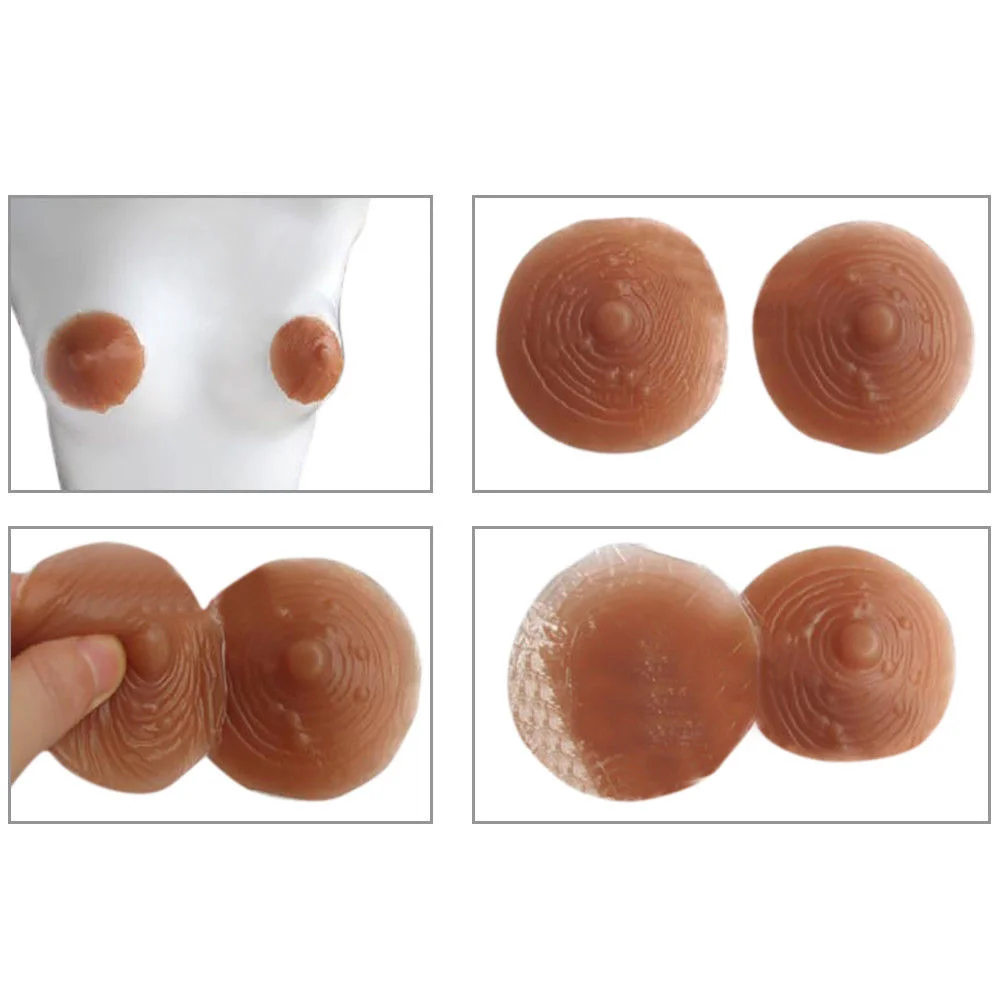 Pasties with adhesive shown how to apply. Pasties we sell have NO nipples. 