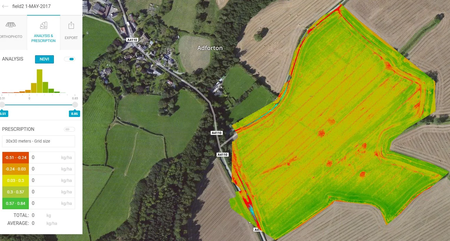 NDVI Survey from a wheat field in Wigmore, Herefordshire. Highlighting some areas of grass weed that requires treatment.