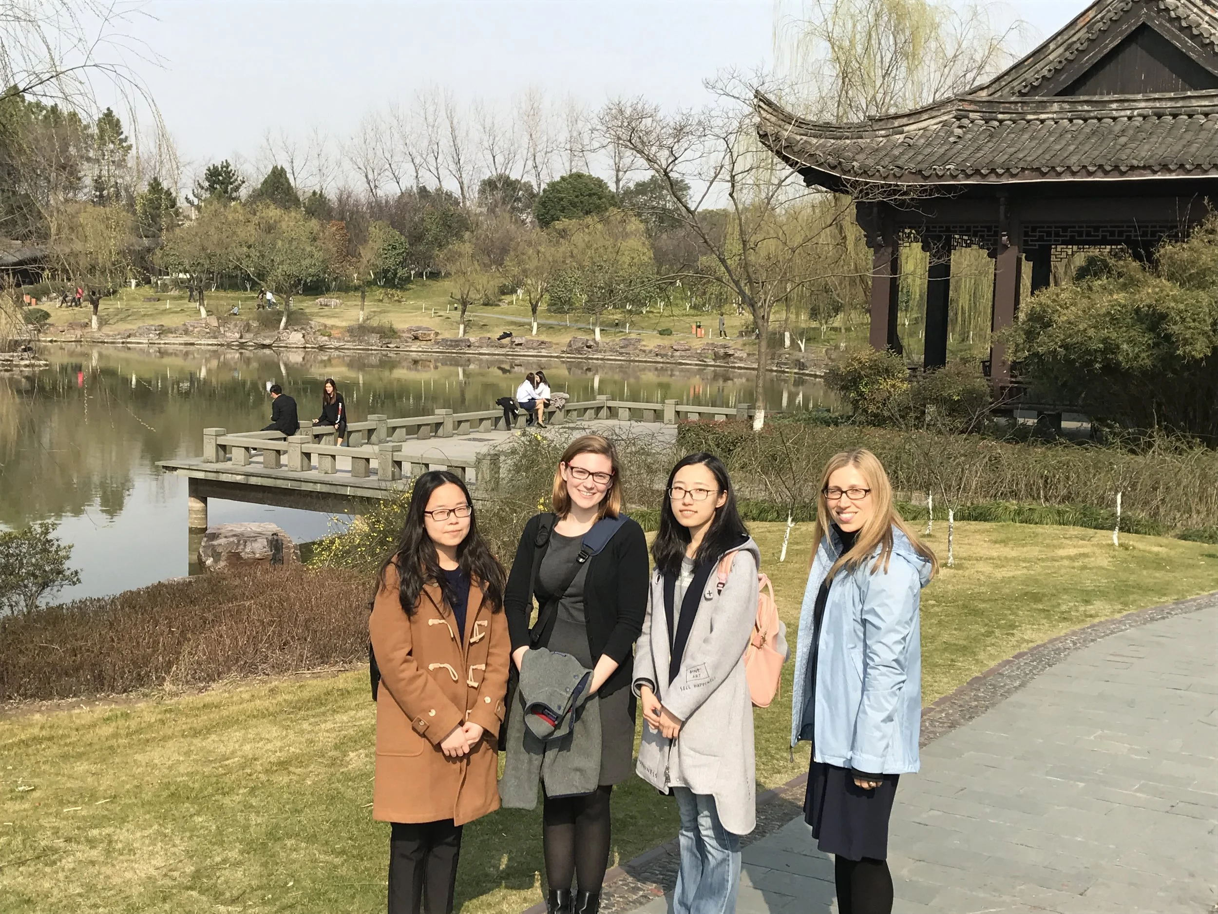  Kimmy and Janet took a stroll with graduate students Joy and Nora after a meeting at Zhejiang Sci-Tech University. 