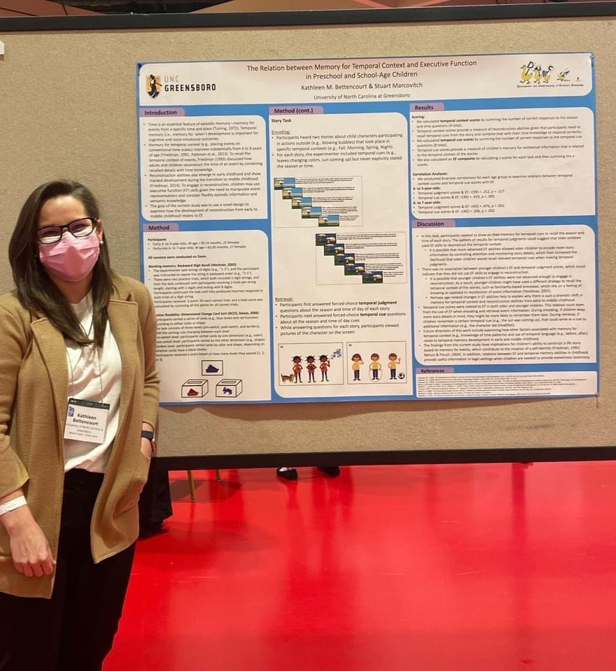  Graduate student Kathleen Bettencourt's work demonstrated that in middle childhood, children’s executive control (e.g., flexible thinking; the ability to manipulate information in their minds) is associated with the ability to remember time-based in