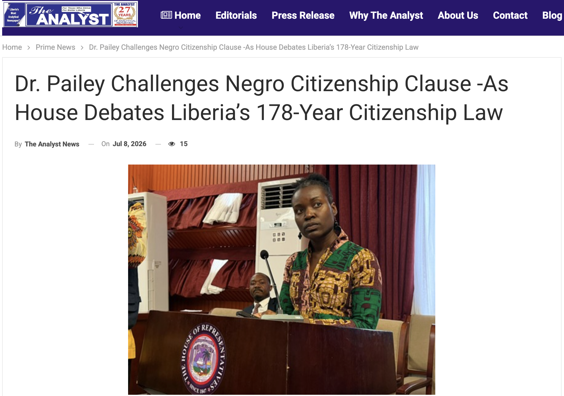 Dr. Pailey Challenges Negro Citizenship Clause - As House Debates Liberia’s 178-Year Citizenship Law (The Analyst-Liberia)