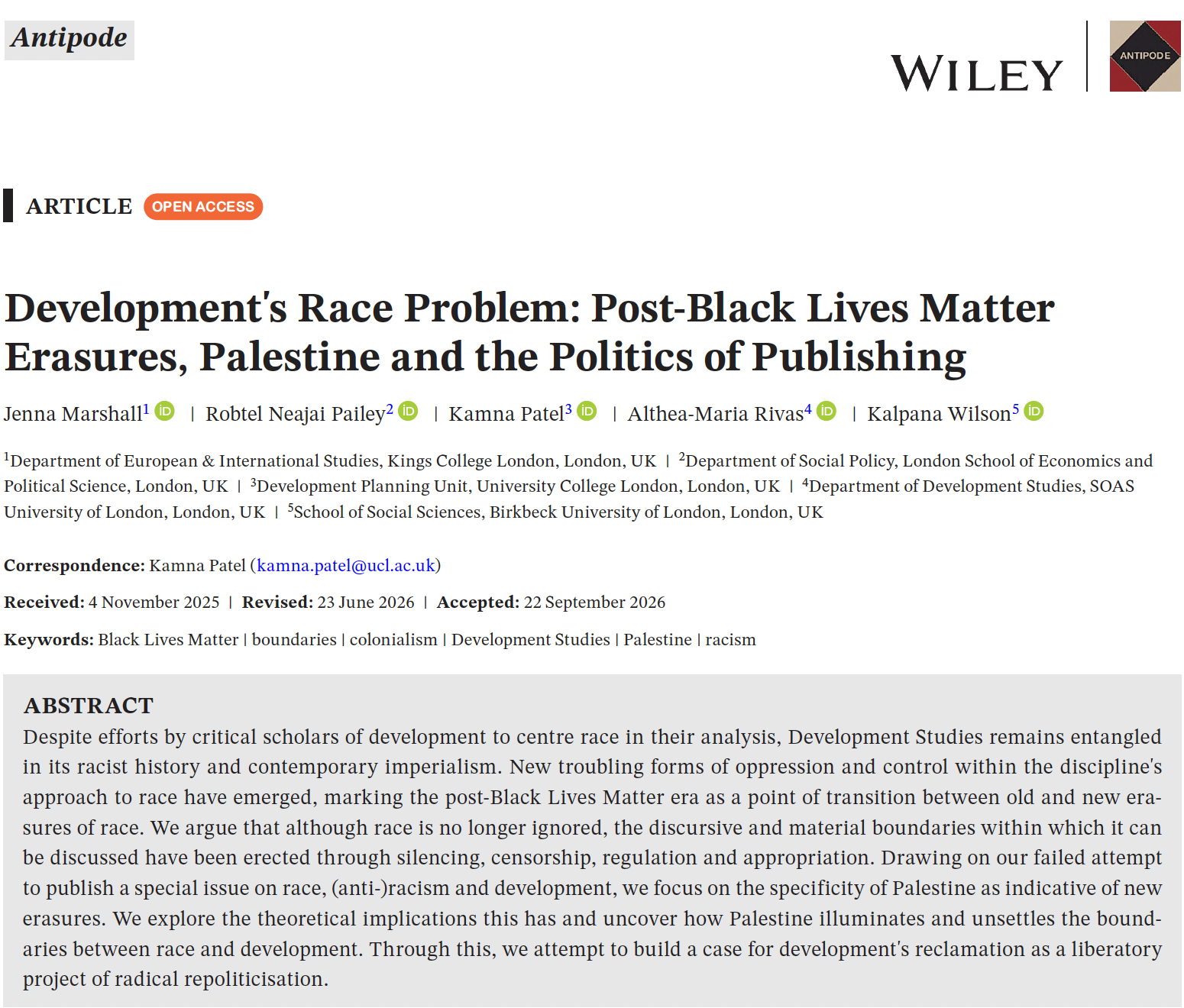 Development’s Race Problem: Post-Black Lives Matter Erasures, Palestine and the Politics of Publishing (Antipode)