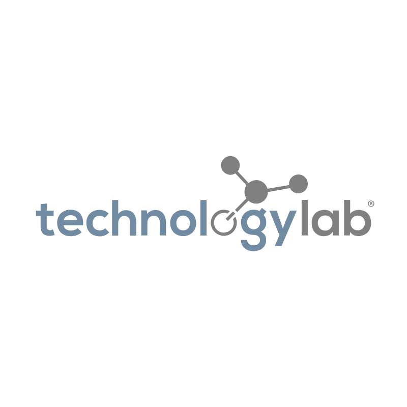 gray and blue technology lab logo with molecule icon above