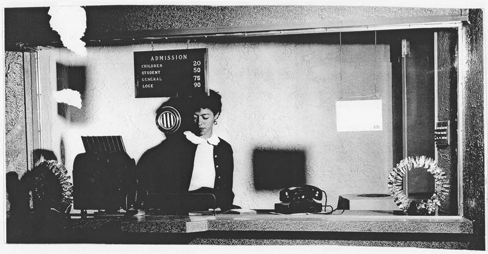 Frances Flores Goyer of Lompoc works in the ticket office of the original Lompoc Theater during the 1950s. Photo credit: Lompoc Valley Historical Society.