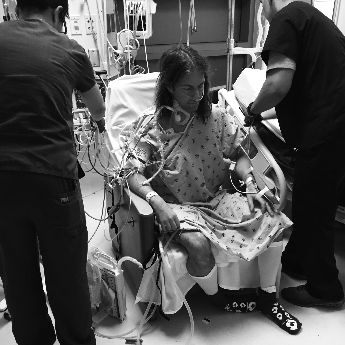 Day 1. Yes, tubes! This is when I thought walking would be a cinch. See how I look like a demented cheerleader? 5 minutes earlier I was at the end of my rope with pain.
