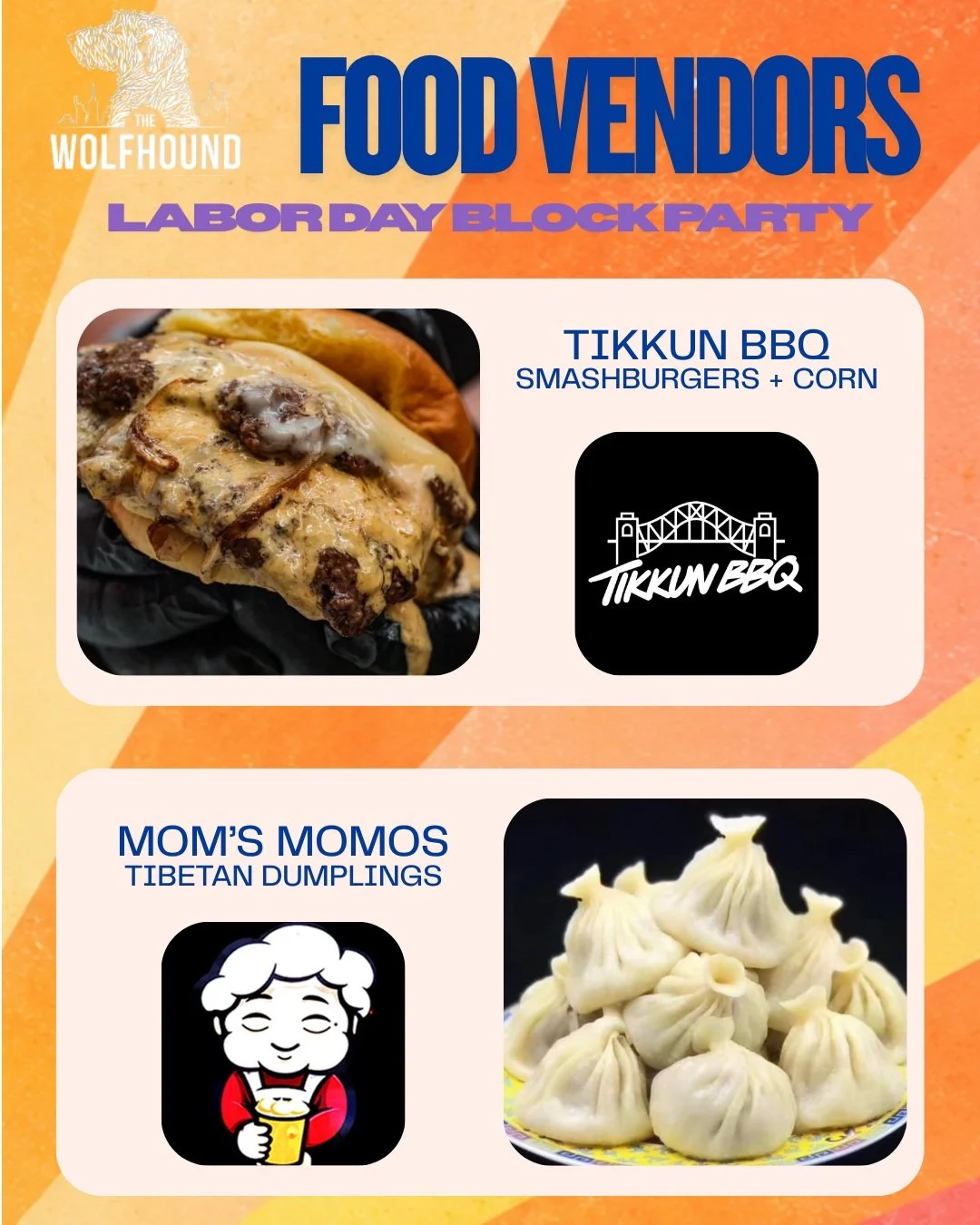 We're excited to welcome back our friends @momsmomo18, a Tibetan street food truck. They were a hit last year - more of you get a chance to try them this time!

And we couldn't be more excited to welcome @tikkunbbq to the party for the first time. Ou