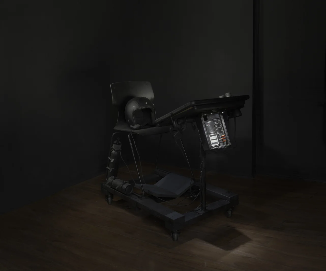 you said it’s just a glance behind, swallowing grunt, the heap an ark afloat in short-breathed staircase (Time Machine Modulus) , 2018. Amprobe recorder, lumber, metal, birch, helmet, binoculars, lightbox, transparent sheet, blind embossment. 35 x 24 x 38 in/ 88.9 x 60.96 x 96.52 cm