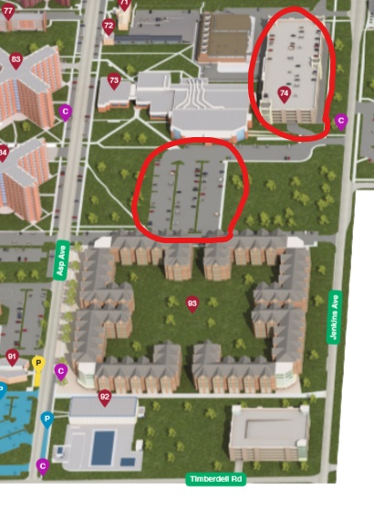 Parking lot and parking garage circled in red. If you can’t tell which is which, I can’t help you.