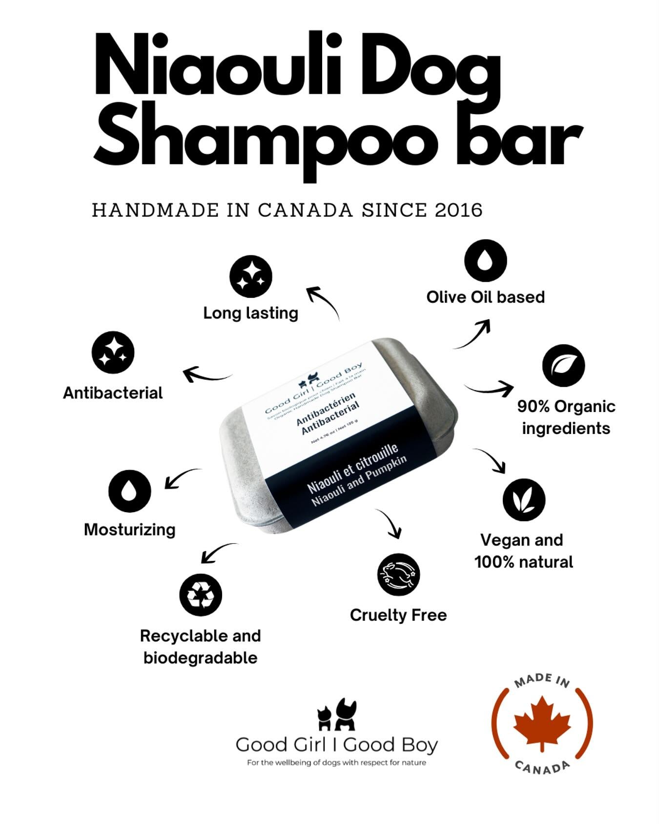Pour un poil et une peau en meilleure sant&eacute;, notre savon au niaouli est un choix naturel et efficace tout simplement ! For a healthy skin and coat, our niaouli shampoo bar is a natural choice.