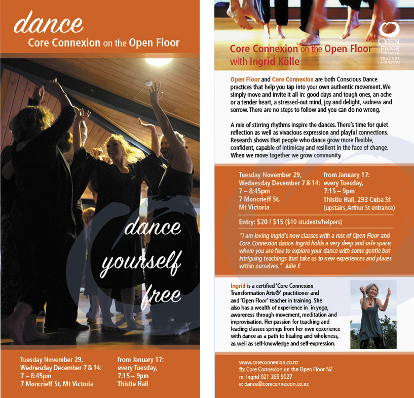 Flyers for Ingrid Kölle’s Wellington Open Floor Classes.