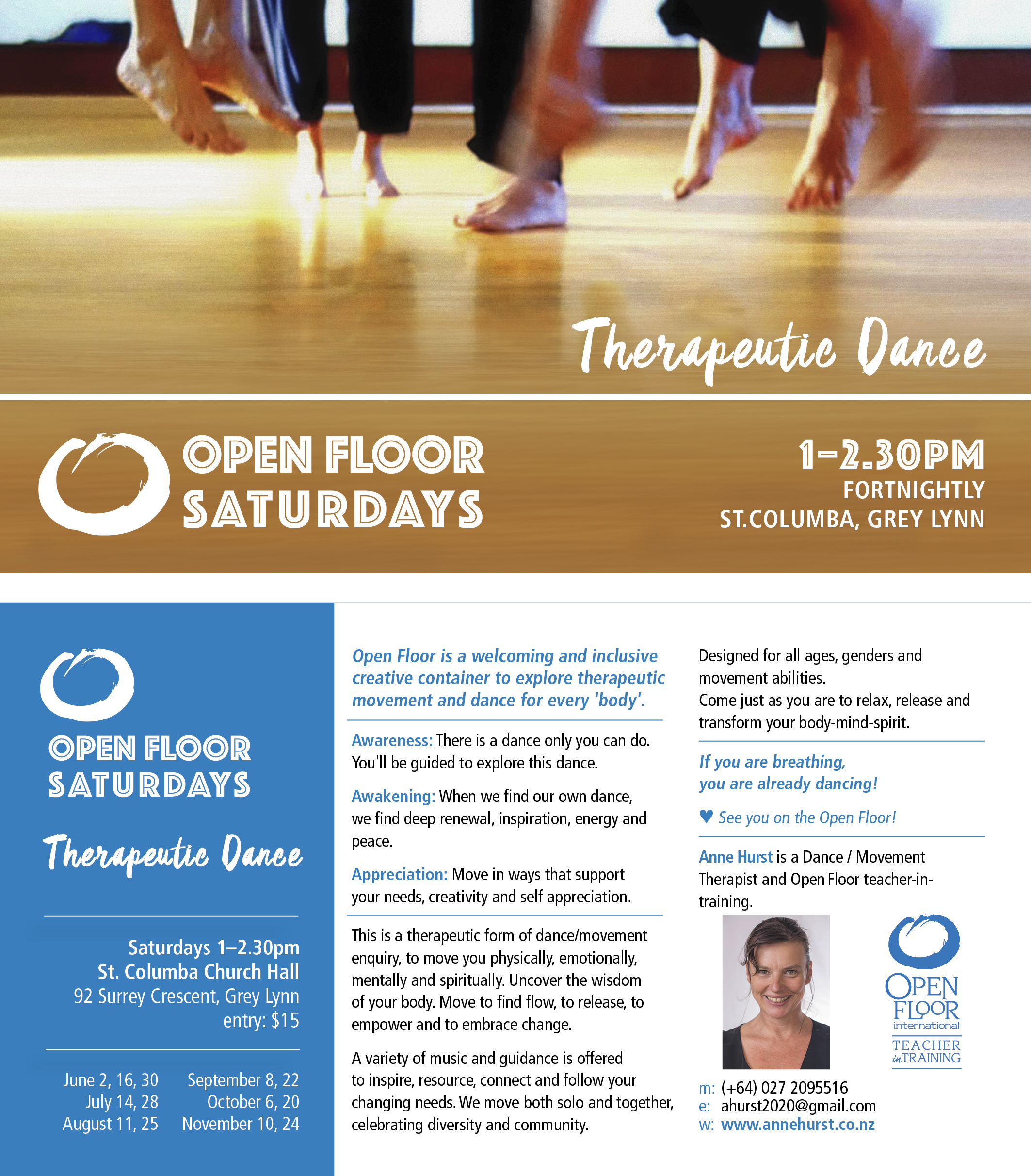 Flyer for Anne Hurst’s Auckland Open Floor classes.