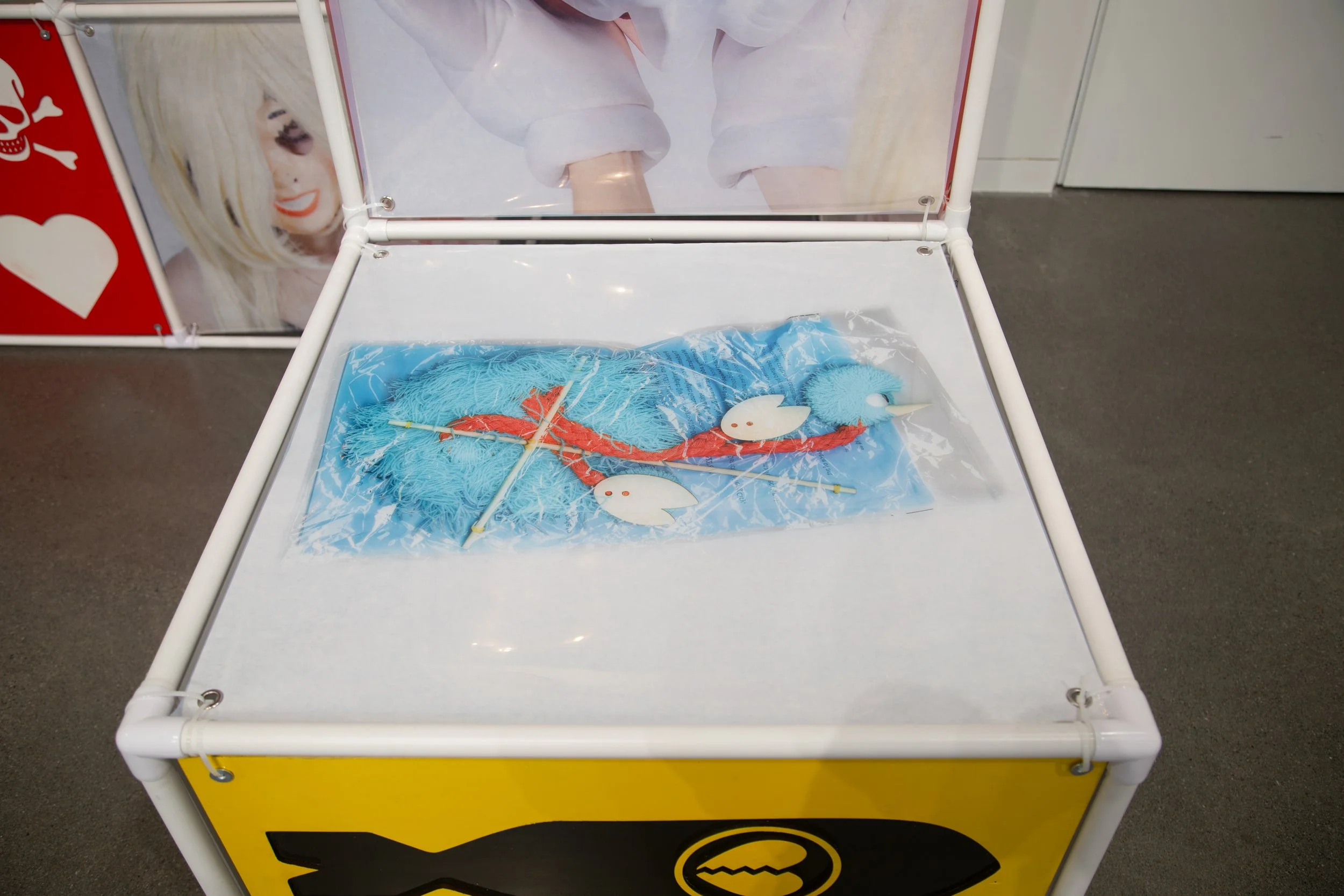 An Attraction (2025) Installation with polyvinyl chloride pipe, inkjet prints on celluloid film, maple plywood coated in federal standard Occupational Safety and Health Administration (OSHA) enamel paint and polyurethane high gloss, silver gromme