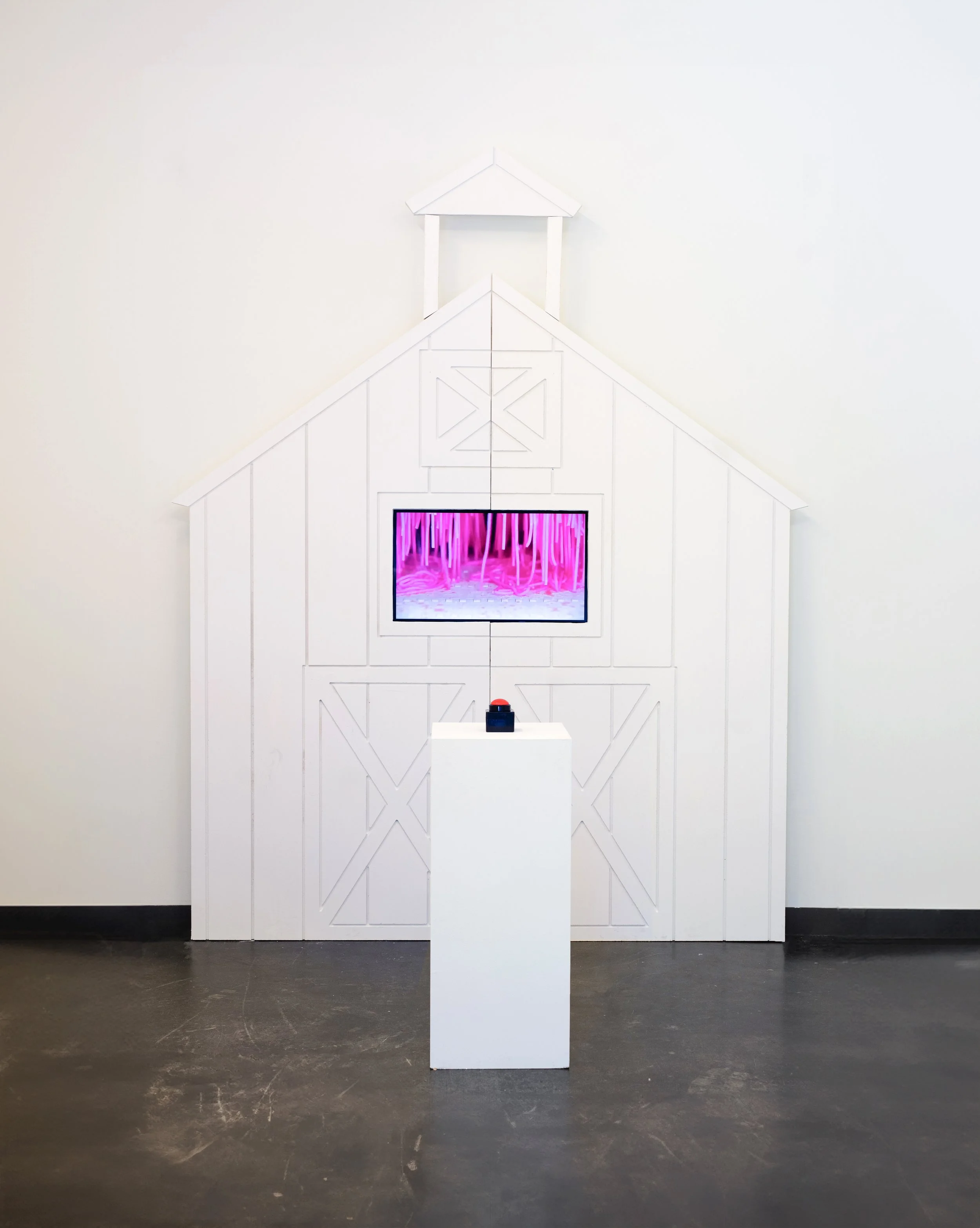 Running Scared Set Piece (2025) Multimedia installation with melamine white particle board, polyurethane gloss, plywood, monitor, button, pedestal 11ftx7ft
