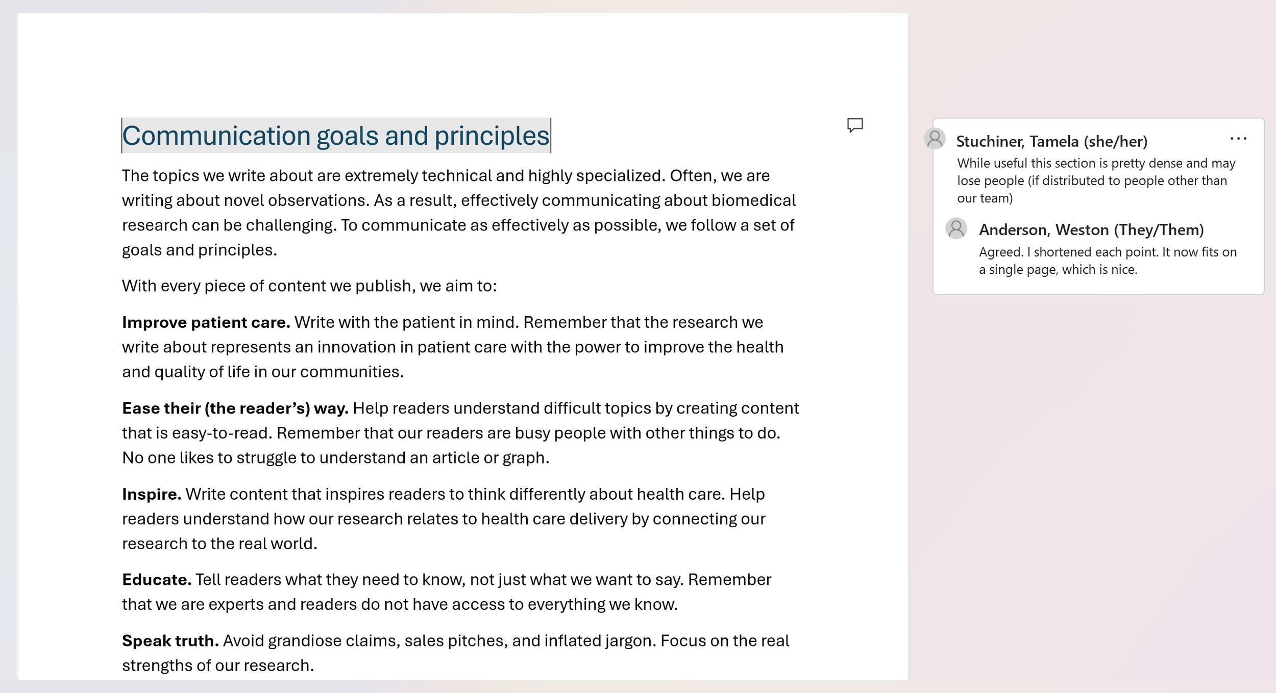 Screenshot of a document titled 'Communication goals and principles' with text outlining guidelines for effective communication in research, including points like improve patient care, ease their (the reader's) way, inspire, educate, and speak truth. There are comments on the right side with names and feedback.