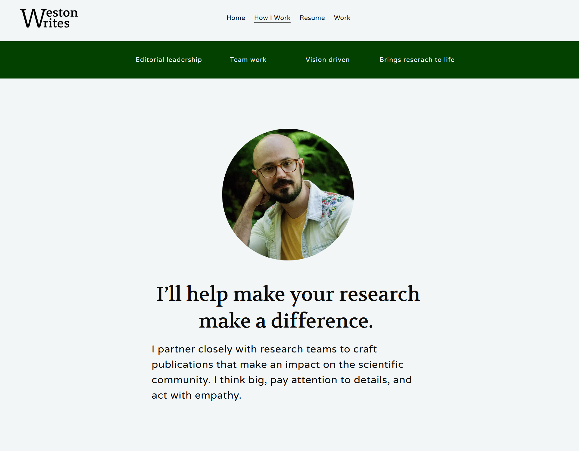 Screenshot of Weston Writes website "how I work" page featuring a navigation menu at the top.