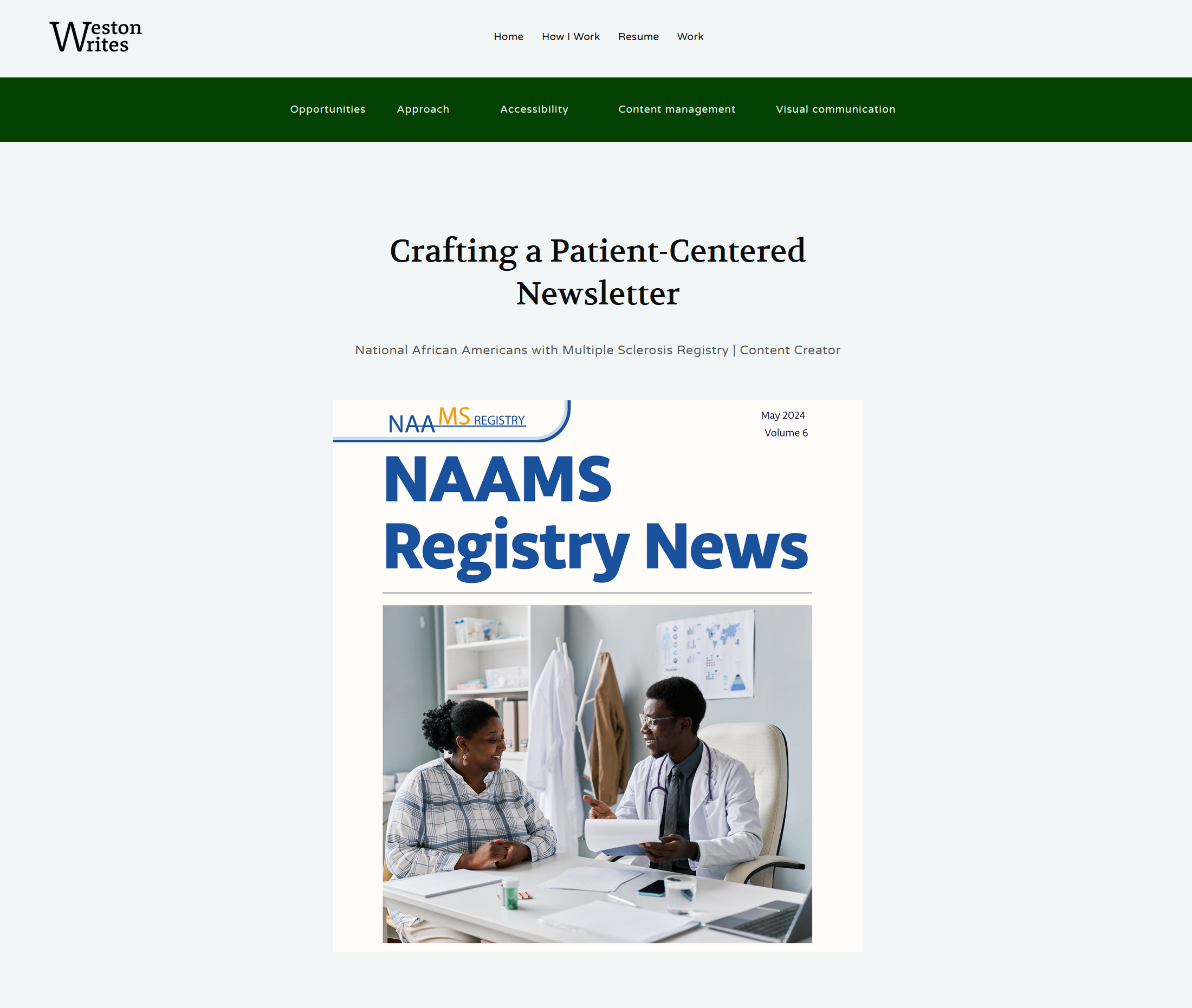 Screenshot of a web page titled "Crafting a Patient-Centered Newsletter" with a subtitle "National African Americans with Multiple Sclerosis Registry" and a cover image of a doctor talking with a patient in an office, with the text "NAAMS Registry News".