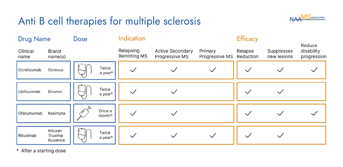 Chart illustrating anti-B cell therapies for multiple sclerosis, listing drug names, doses, indications, and efficacy, with icons of medication delivery methods.