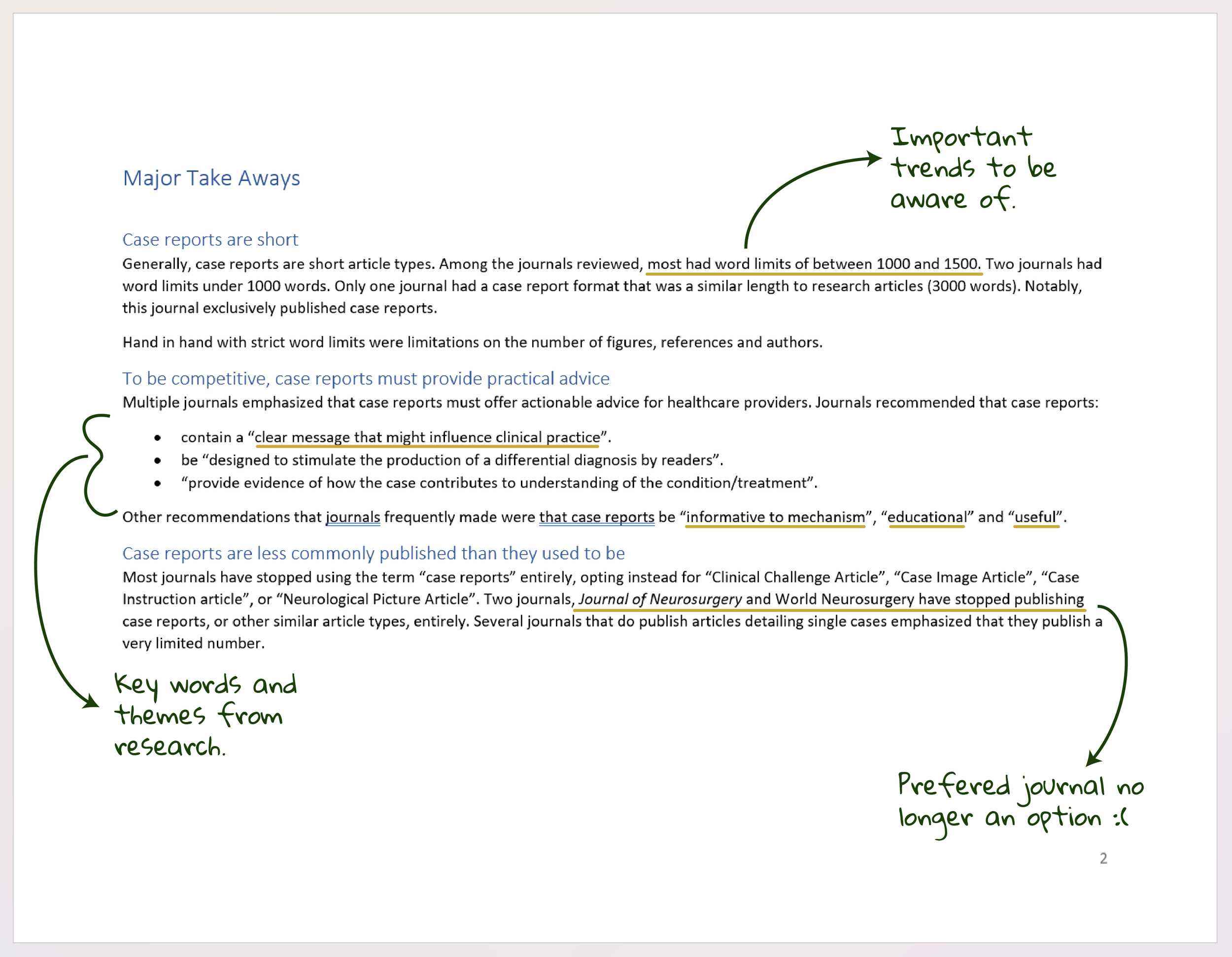 Annotated research report page titled "Major Takeaways" with handwritten notes highlighting key points.