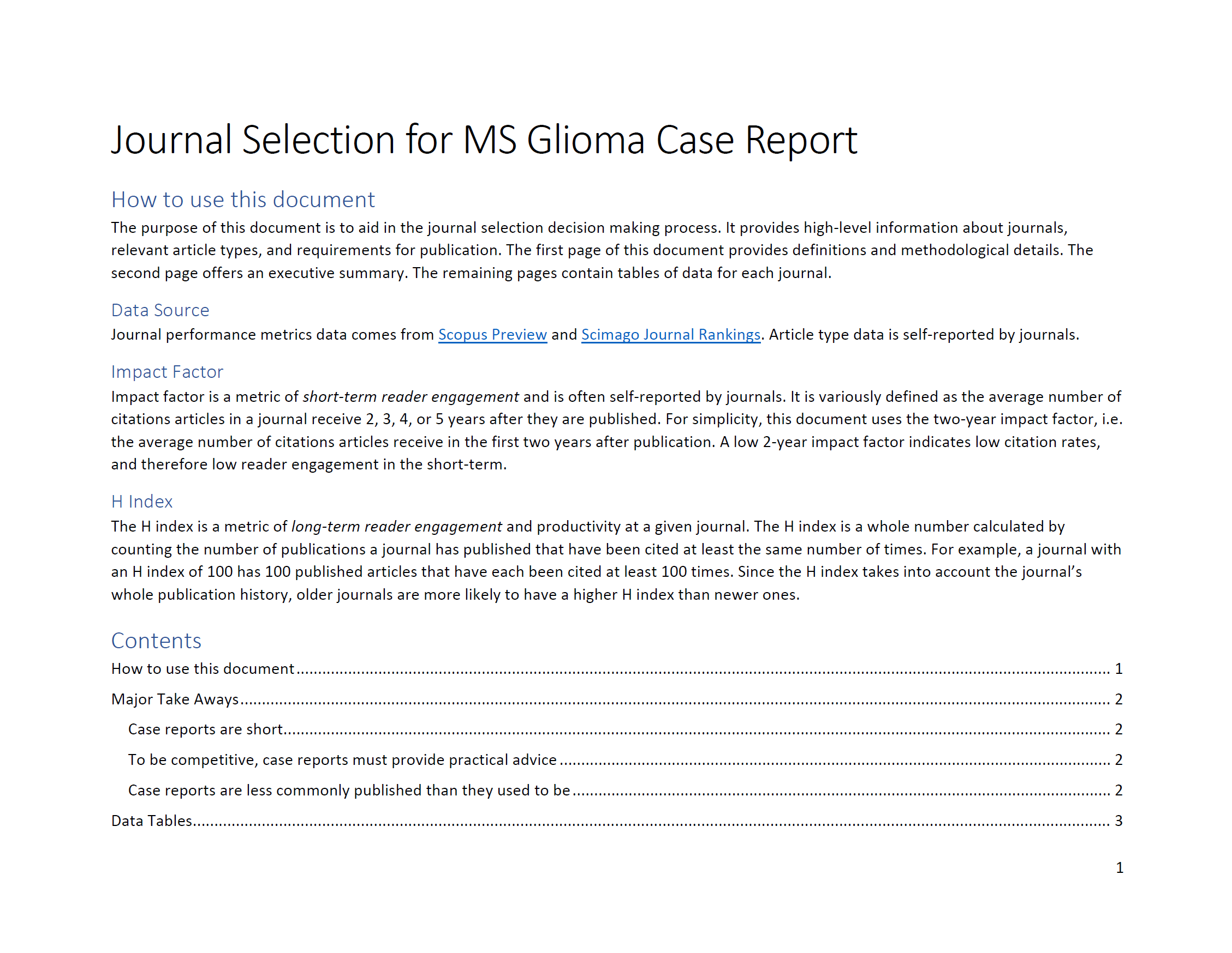 Screenshot of a document titled 'Journal Selection for MS Glioma Case Report'